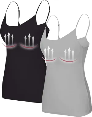 Women Tank Tops with Built in Bras Cotton Shelf Bra Camisoles Adjustable Spaghetti Basic Undershirt Layer Cami 2 Pack