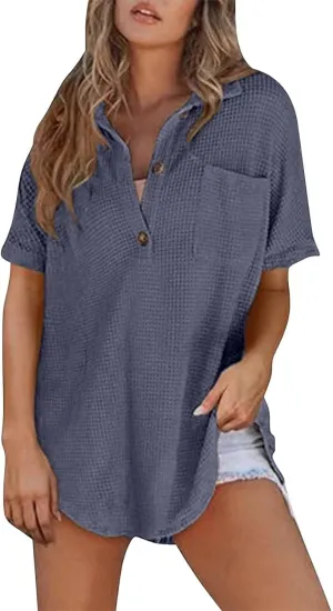 Women Waffle Knit Tops Henley Shirts Short Sleeve V Neck Solid Color Casual Tunic Lightweight Blouses Vacation Outfits