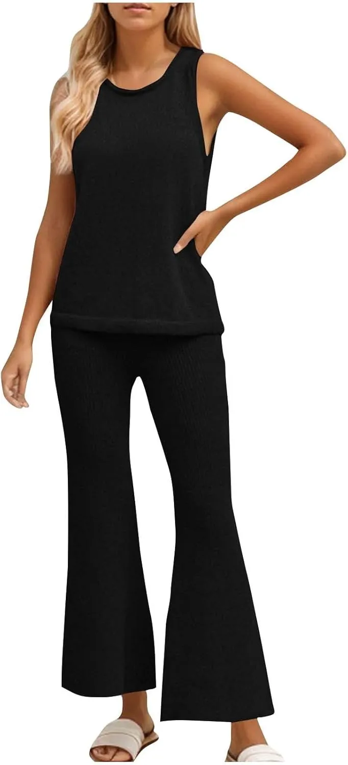 Women's 2 Piece Outfits Summer Travel Tracksuit Ribbed Knit Tank Tops Loose Wide Leg Loungewear Comfy Lounge Sets