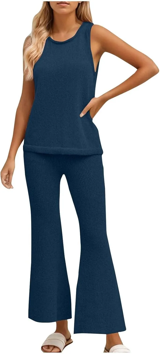 Women's 2 Piece Outfits Summer Travel Tracksuit Ribbed Knit Tank Tops Loose Wide Leg Loungewear Comfy Lounge Sets