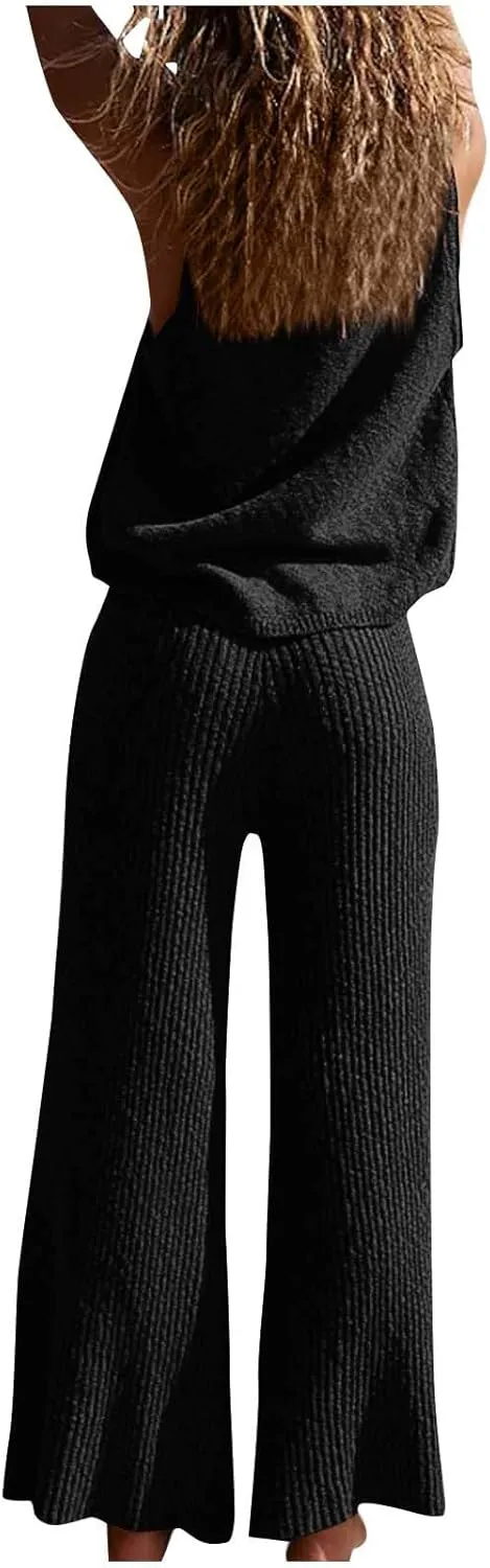 Women's 2 Piece Outfits Summer Travel Tracksuit Ribbed Knit Tank Tops Loose Wide Leg Loungewear Comfy Lounge Sets