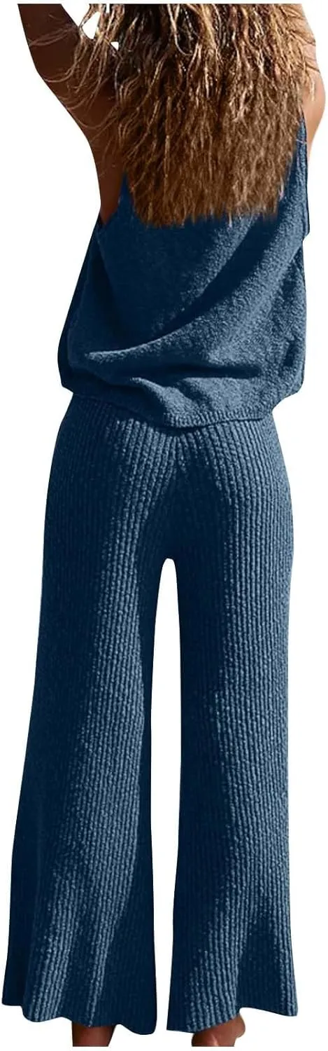 Women's 2 Piece Outfits Summer Travel Tracksuit Ribbed Knit Tank Tops Loose Wide Leg Loungewear Comfy Lounge Sets