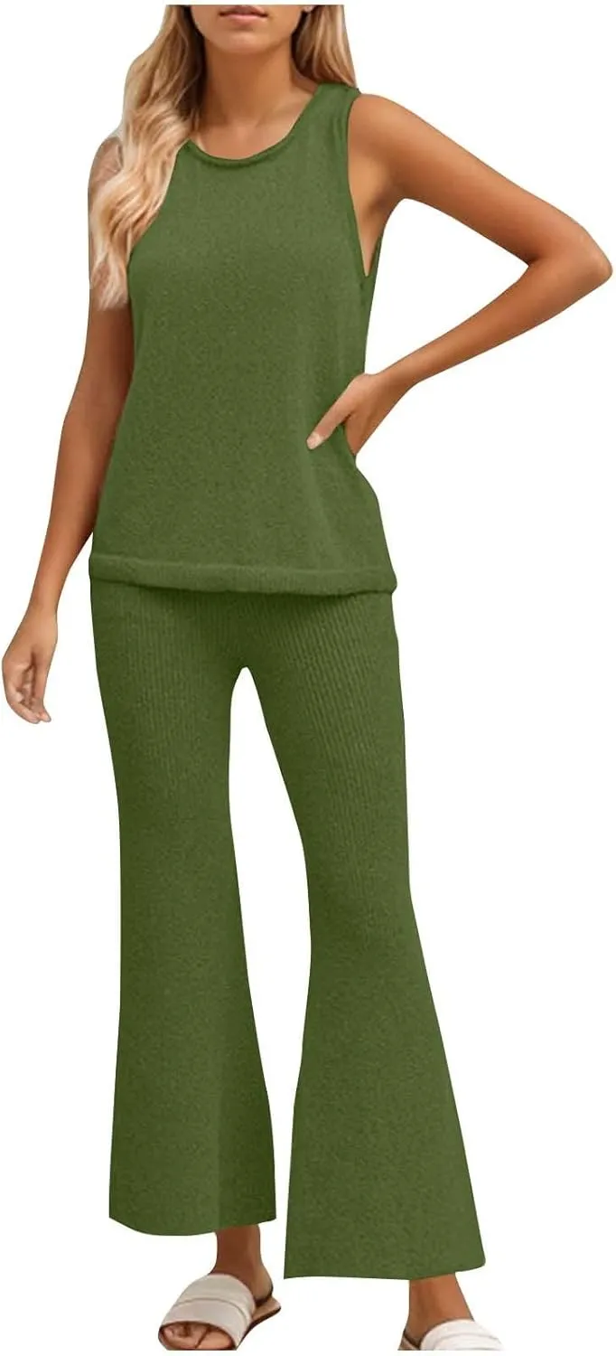 Women's 2 Piece Outfits Summer Travel Tracksuit Ribbed Knit Tank Tops Loose Wide Leg Loungewear Comfy Lounge Sets