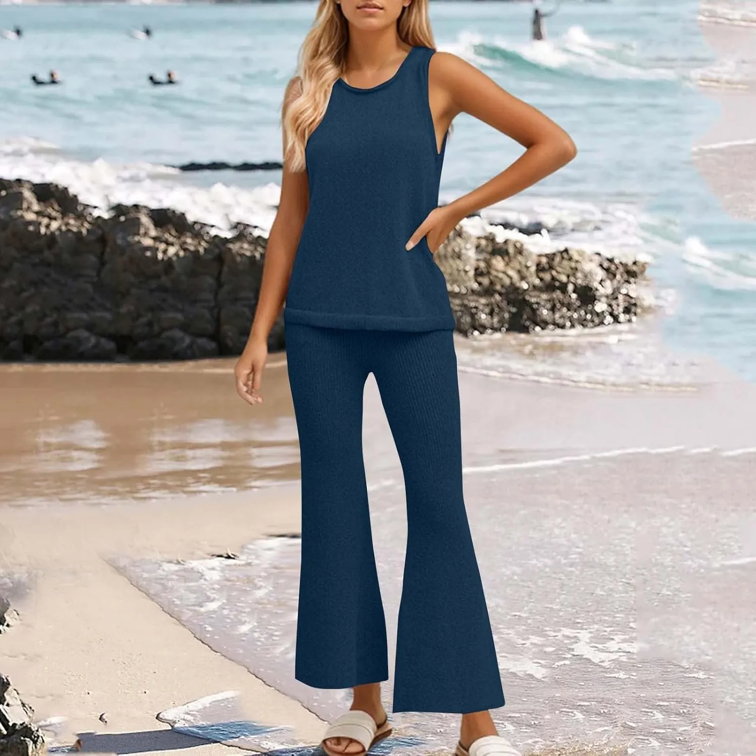 Women's 2 Piece Outfits Summer Travel Tracksuit Ribbed Knit Tank Tops Loose Wide Leg Loungewear Comfy Lounge Sets