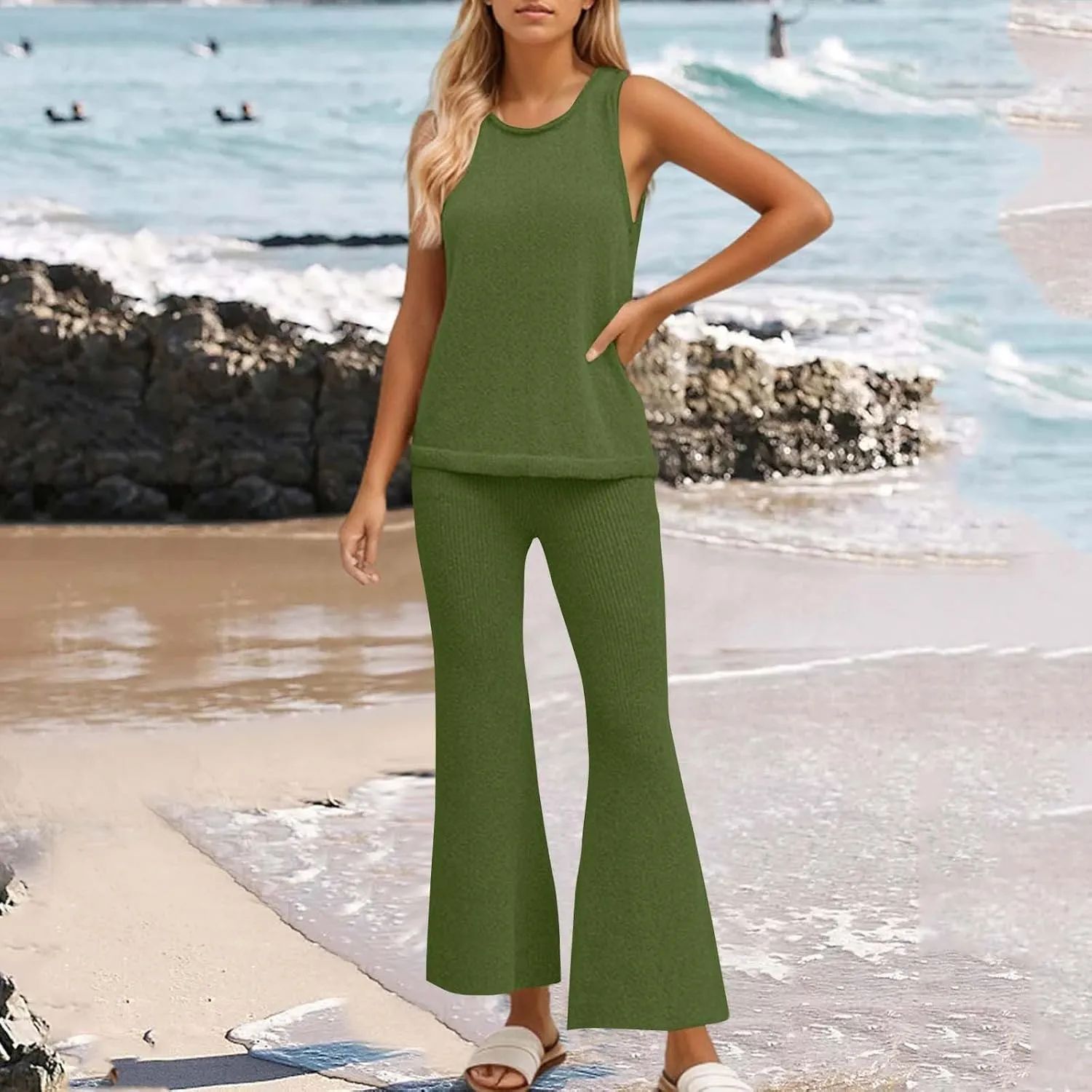 Women's 2 Piece Outfits Summer Travel Tracksuit Ribbed Knit Tank Tops Loose Wide Leg Loungewear Comfy Lounge Sets