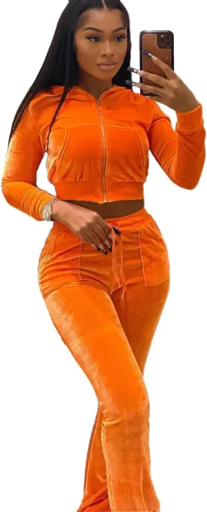 Womens 2 Piece Velour Tracksuit Two Piece Outfits for Women, Long Sleeve Crop Tops Flared Pants Jogging Sets