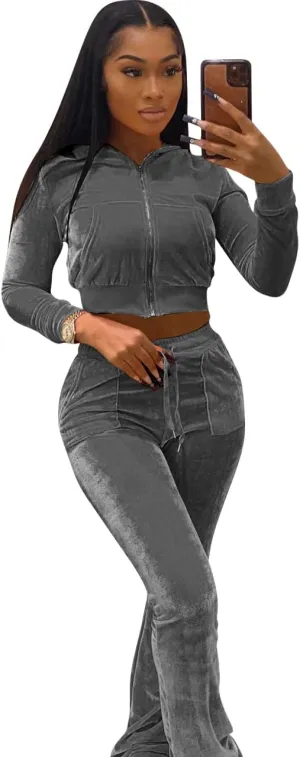 Womens 2 Piece Velour Tracksuit Two Piece Outfits for Women, Long Sleeve Crop Tops Flared Pants Jogging Sets