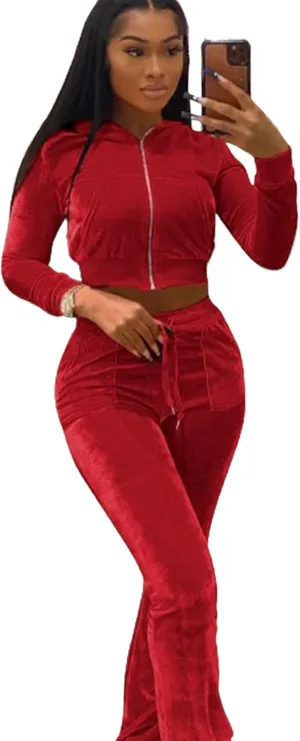 Womens 2 Piece Velour Tracksuit Two Piece Outfits for Women, Long Sleeve Crop Tops Flared Pants Jogging Sets