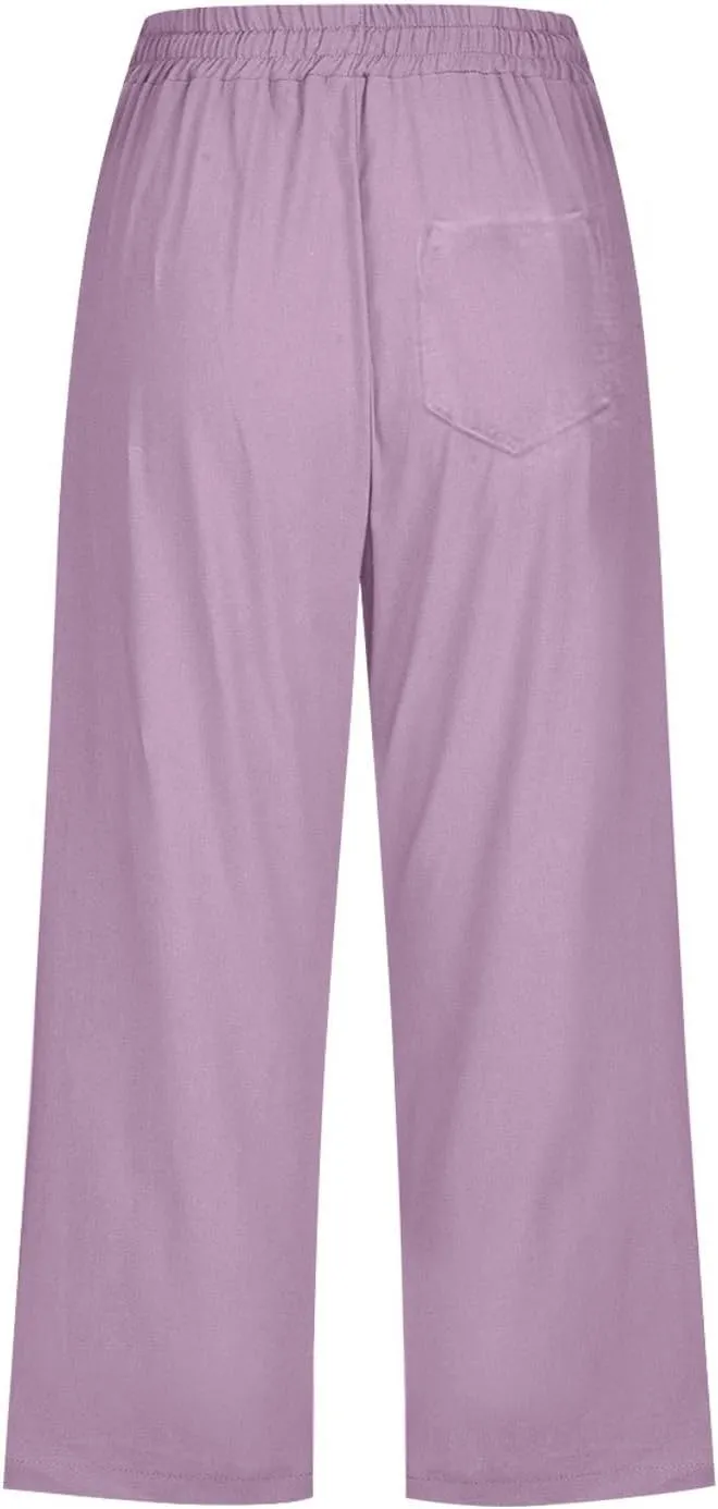 Womens Capri Linen Pants Summer 2025 Casual Drawstring High Waisted Straight Wide Leg Travel Dressy Cropped Trousers