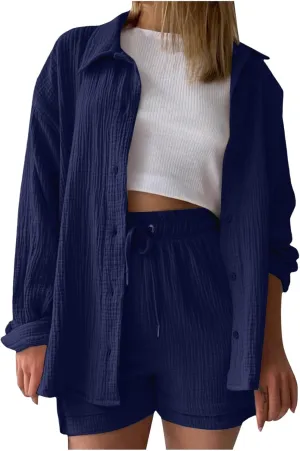 Women's Cotton Linen Lounge Sets Long Sleeve Button Down Shirt & High Waisted Shorts with Pockets 2 Piece Outfit