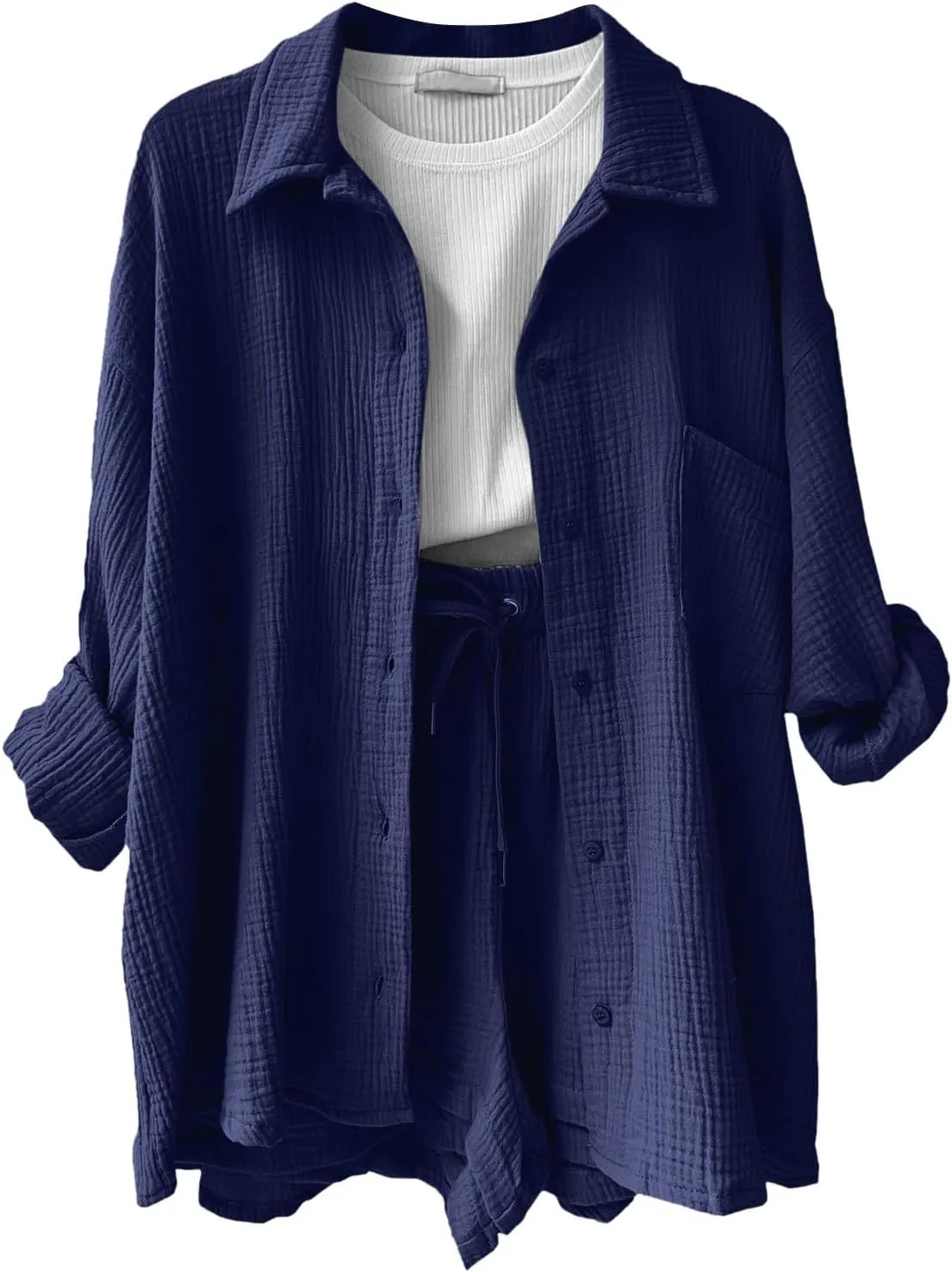 Women's Cotton Linen Lounge Sets Long Sleeve Button Down Shirt & High Waisted Shorts with Pockets 2 Piece Outfit