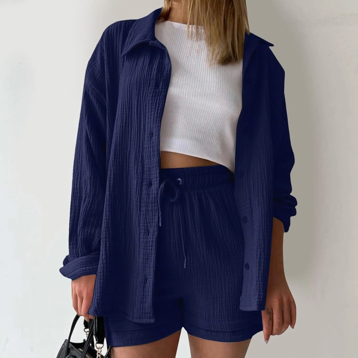 Women's Cotton Linen Lounge Sets Long Sleeve Button Down Shirt & High Waisted Shorts with Pockets 2 Piece Outfit