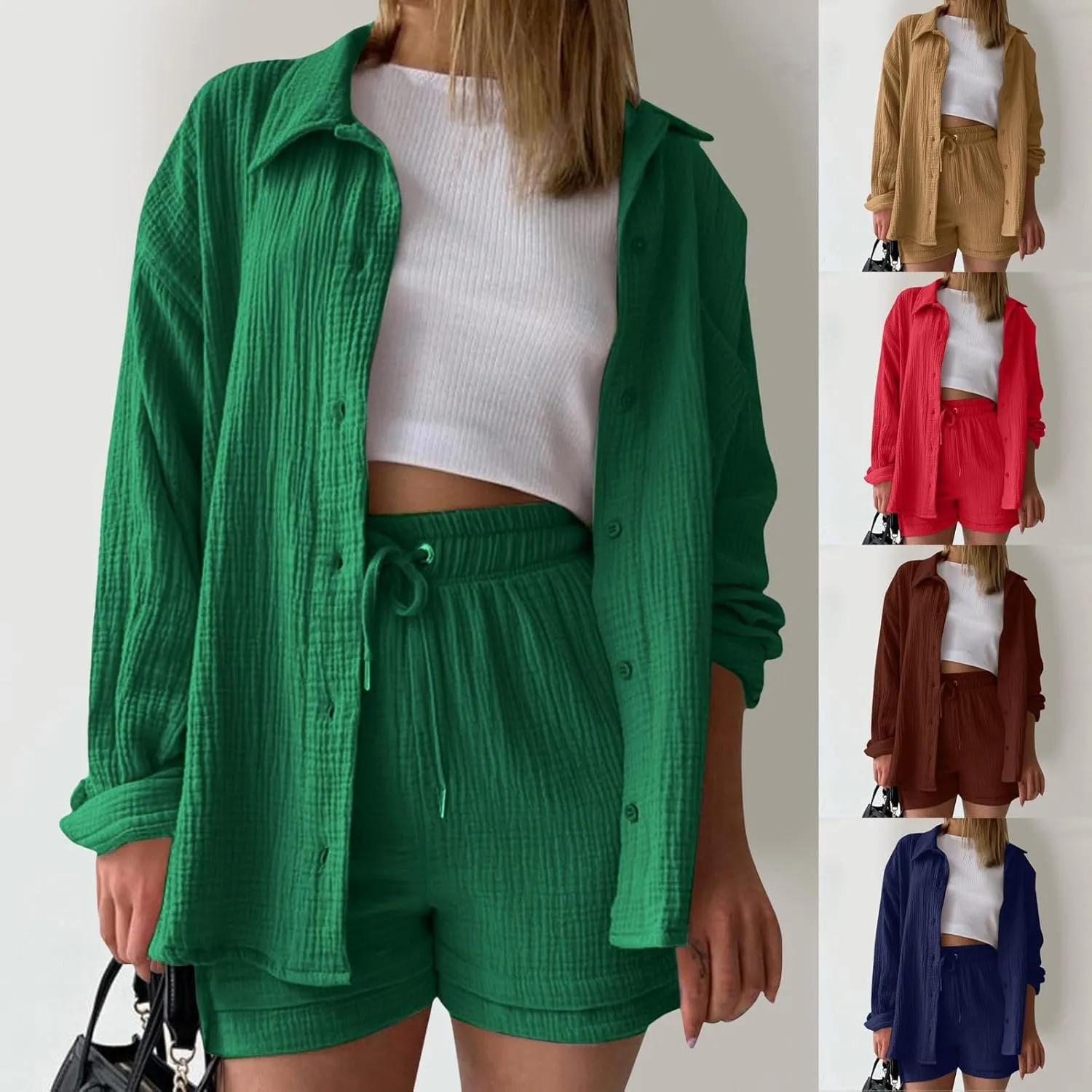 Women's Cotton Linen Lounge Sets Long Sleeve Button Down Shirt & High Waisted Shorts with Pockets 2 Piece Outfit
