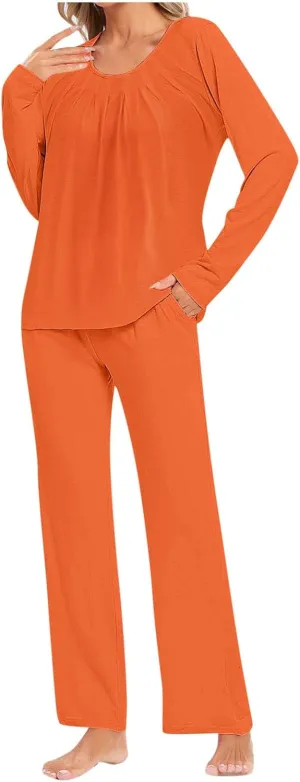 Womens Cotton Pajama Sets Long Sleeve T-Shirt And Pants 2 Piece Lounge Set Fall Loungewear Sleepwear With Pockets