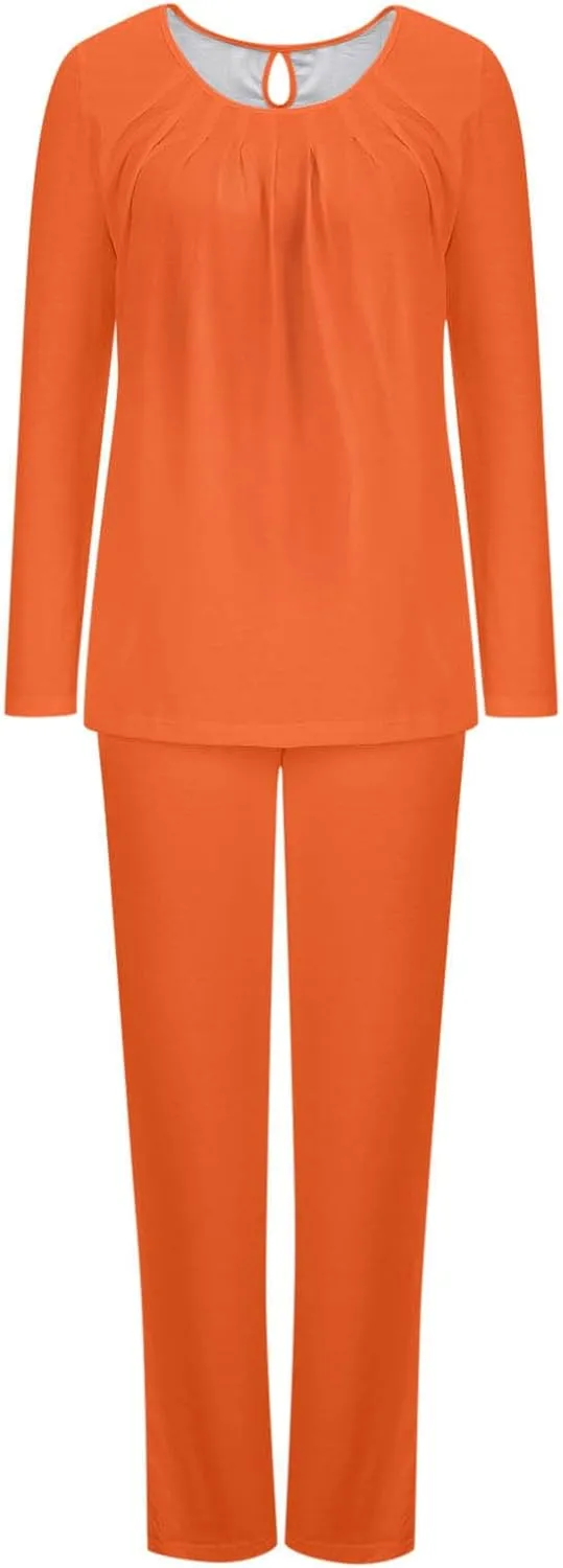 Womens Cotton Pajama Sets Long Sleeve T-Shirt And Pants 2 Piece Lounge Set Fall Loungewear Sleepwear With Pockets