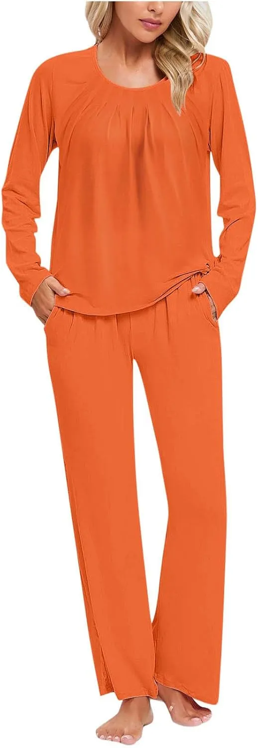 Womens Cotton Pajama Sets Long Sleeve T-Shirt And Pants 2 Piece Lounge Set Fall Loungewear Sleepwear With Pockets