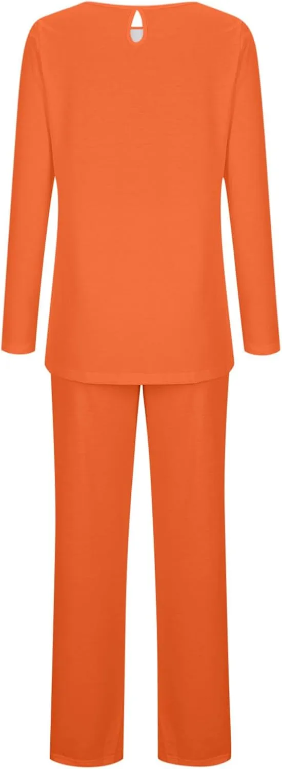 Womens Cotton Pajama Sets Long Sleeve T-Shirt And Pants 2 Piece Lounge Set Fall Loungewear Sleepwear With Pockets