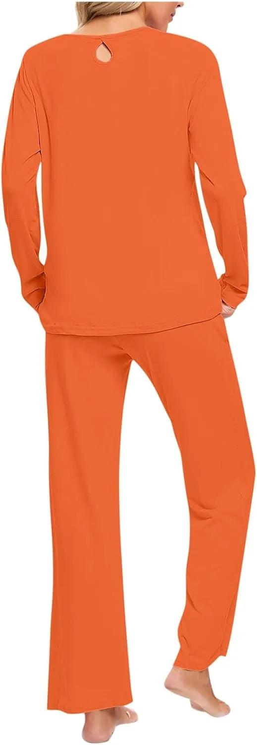 Womens Cotton Pajama Sets Long Sleeve T-Shirt And Pants 2 Piece Lounge Set Fall Loungewear Sleepwear With Pockets