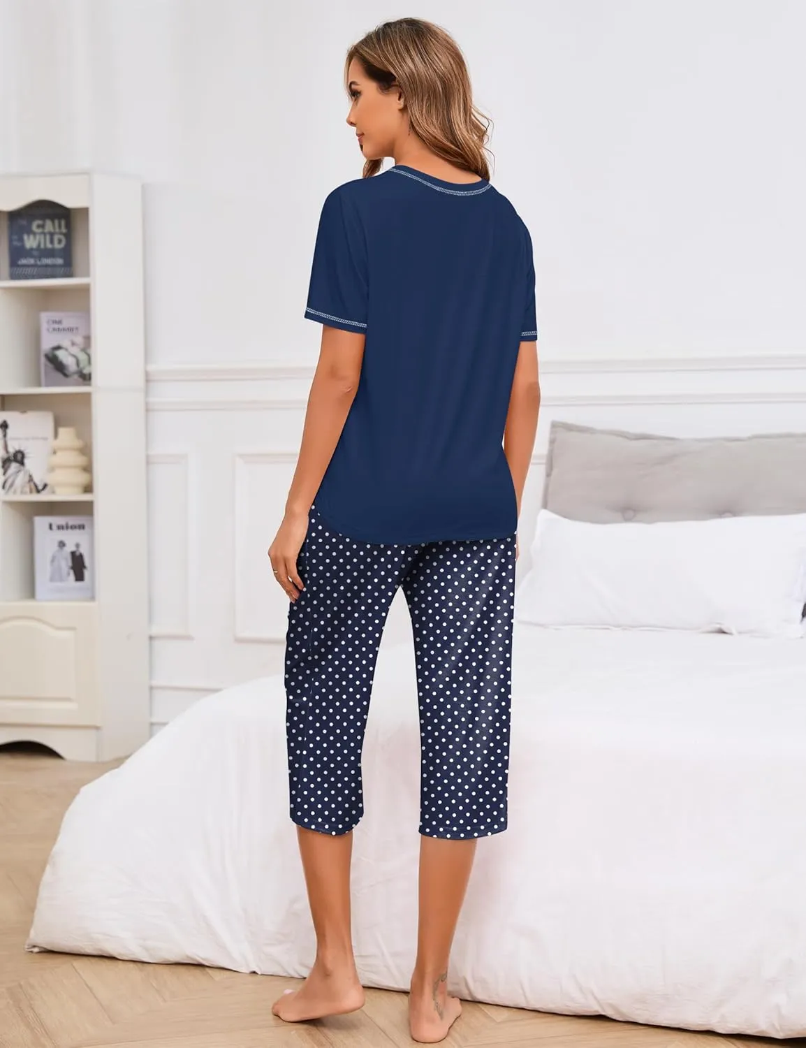 Womens Cotton Pajama Sets Short Sleeve Capri Pants 2 Piece Lounge Set Print Loungewear Sleepwear Pj Set with Pockets