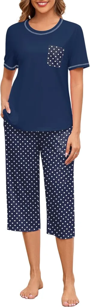 Womens Cotton Pajama Sets Short Sleeve Capri Pants 2 Piece Lounge Set Print Loungewear Sleepwear Pj Set with Pockets