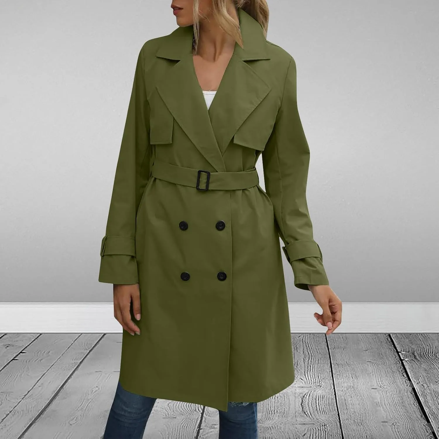 Women's Fashion Autumn Winter Solid Color Double Breasted Trench Coat Rain Windbreaker Women