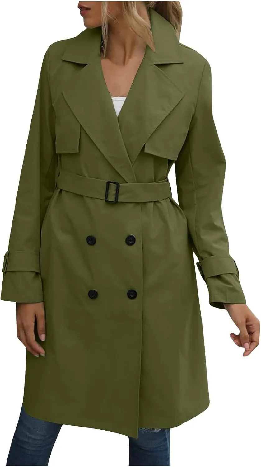 Women's Fashion Autumn Winter Solid Color Double Breasted Trench Coat Rain Windbreaker Women