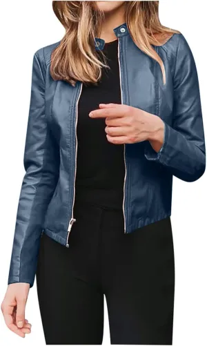 Womens Faux Leather Jacket Lightweight Faux Suede Motorcycle Jackets Zip Up Short Pleather Moto Biker Outwear Coat