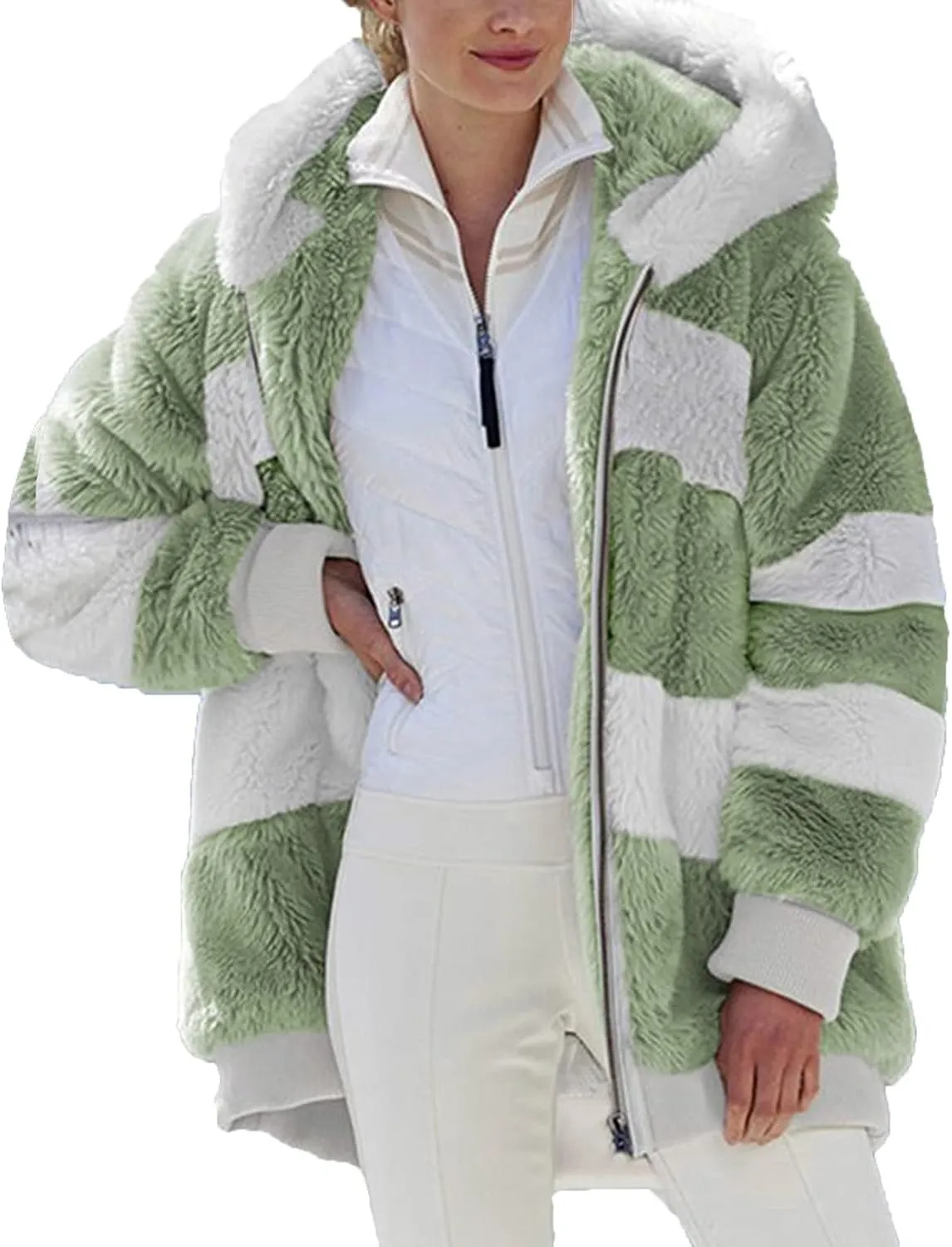 Women's Fleece Hooded Coat Loose Plus Size Zipper Winter Warm Long Sleeve Plush Hoodies Jacket Cardigan Sweaters