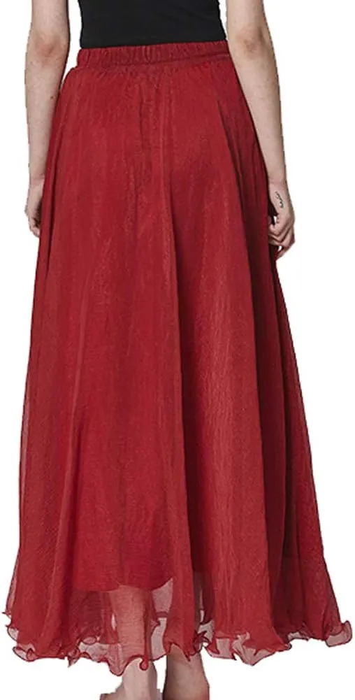 Womens Full/Ankle Length Elastic Waist Pleated Beach Maxi Chiffon Summer Long Skirt Big Hem Double Layer