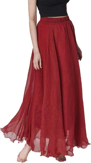 Womens Full/Ankle Length Elastic Waist Pleated Beach Maxi Chiffon Summer Long Skirt Big Hem Double Layer