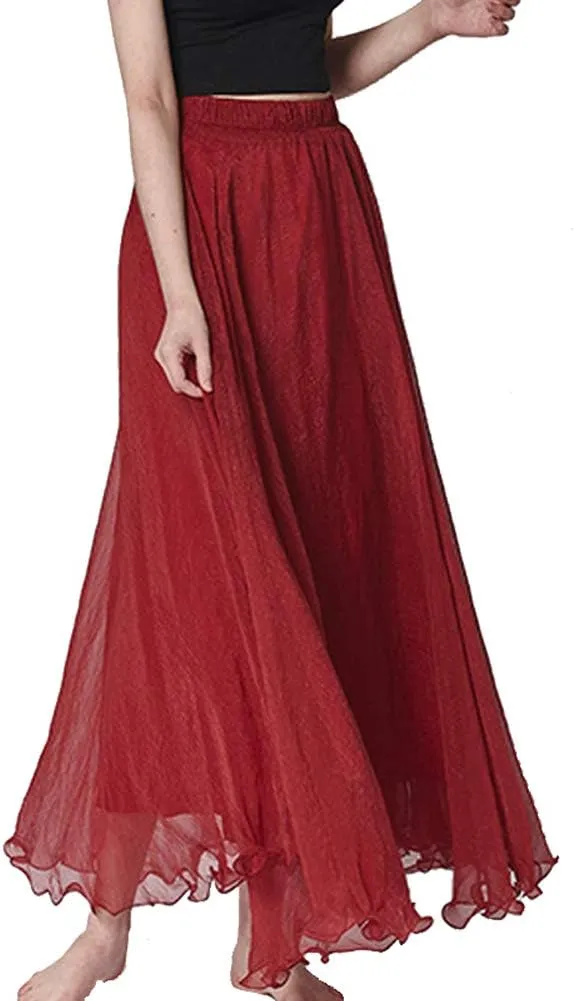 Womens Full/Ankle Length Elastic Waist Pleated Beach Maxi Chiffon Summer Long Skirt Big Hem Double Layer