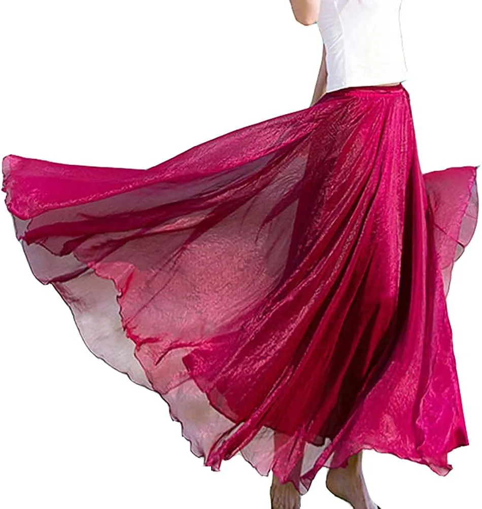 Womens Full/Ankle Length Elastic Waist Pleated Beach Maxi Chiffon Summer Long Skirt Big Hem Double Layer