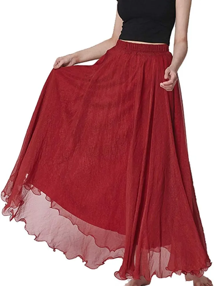 Womens Full/Ankle Length Elastic Waist Pleated Beach Maxi Chiffon Summer Long Skirt Big Hem Double Layer