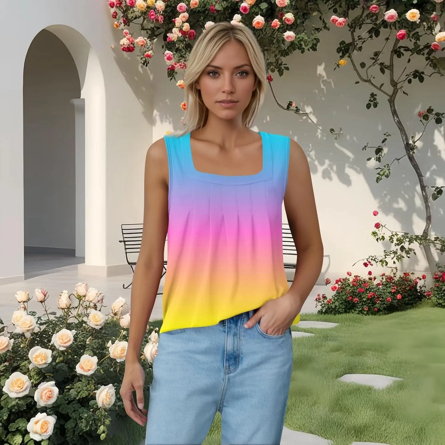 Women's Gradient Sleeveless Summer Top Casual Loose Fit Tank Blouse for Beach Travel and Daily Wear