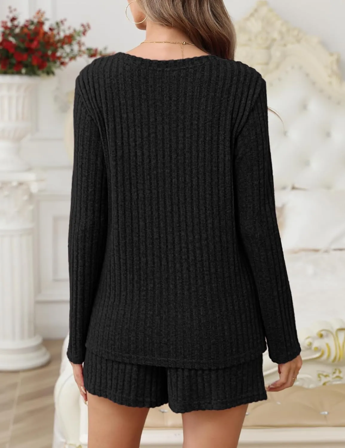 Women's Lounge Sweater Pajamas Sets 2 Piece Long Sleeve Tops with Shorts Ribbed Knit Sleepwear Outfits Matching Set.