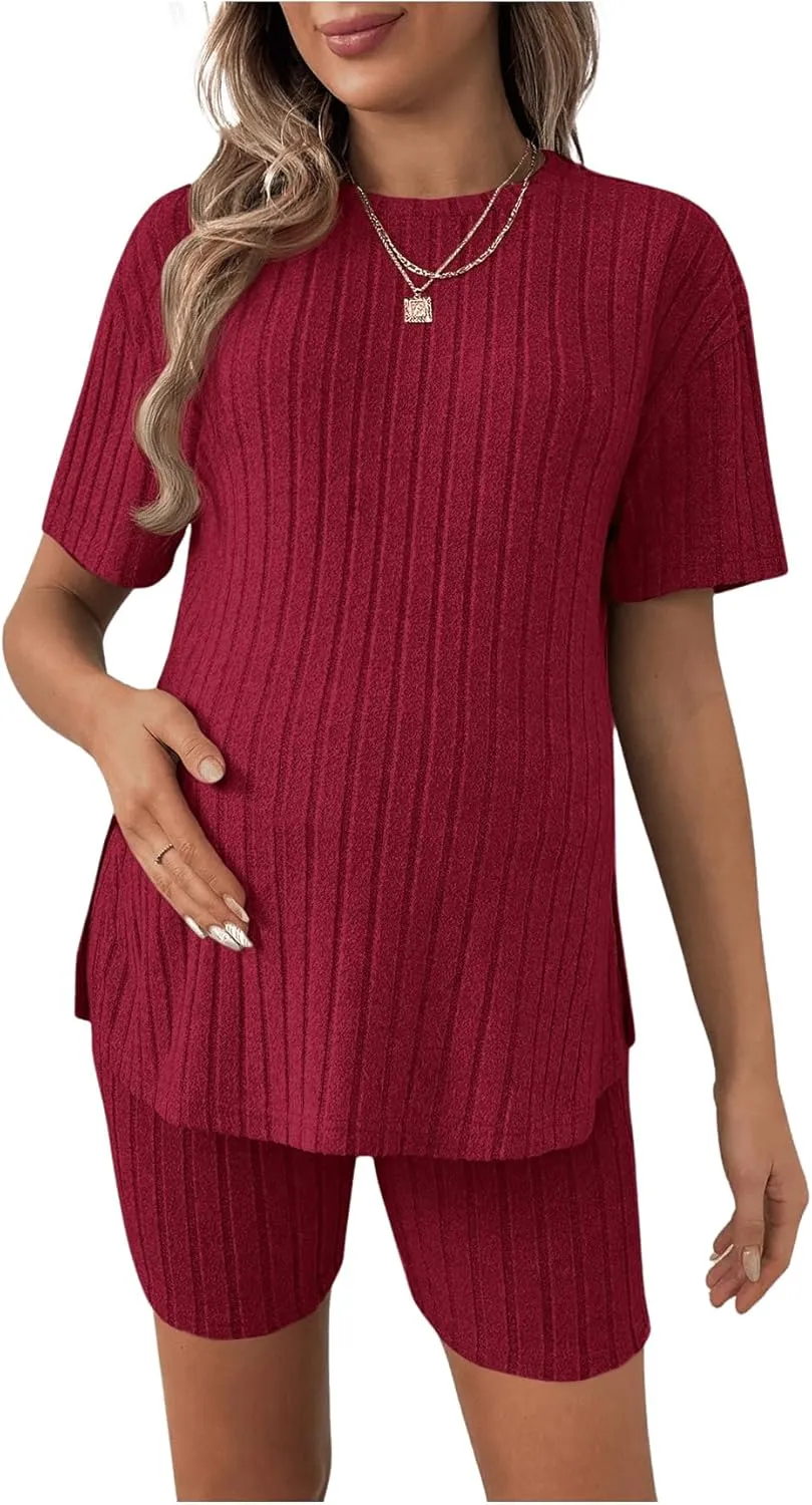 Women's Maternity Pajamas Set 2 Piece Outfits Rib Knit T Shirt and Biker Shorts Lounge Set Sleepwear