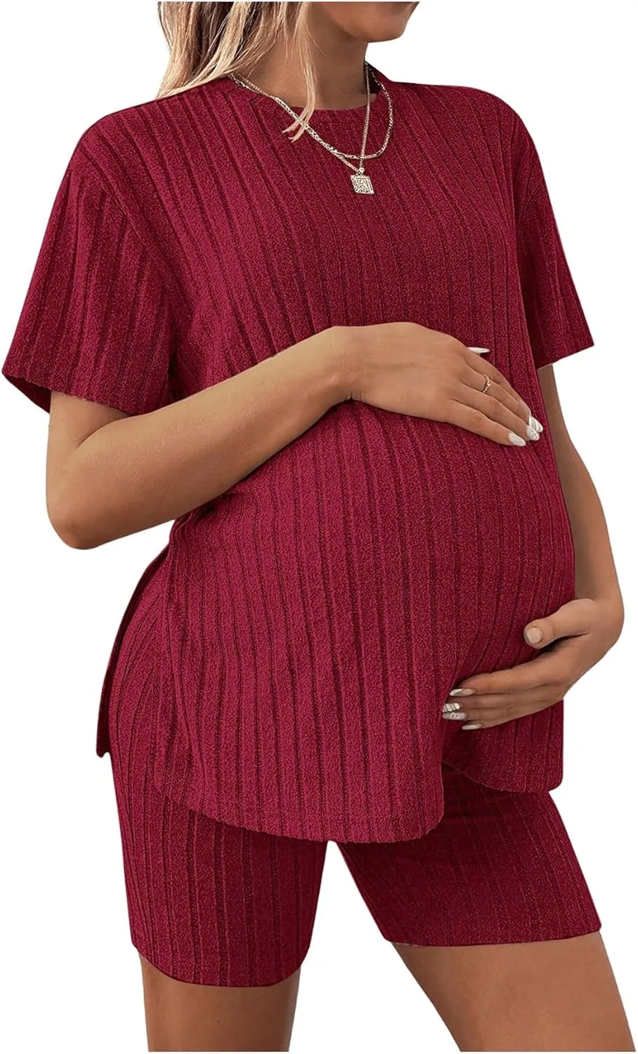 Women's Maternity Pajamas Set 2 Piece Outfits Rib Knit T Shirt and Biker Shorts Lounge Set Sleepwear