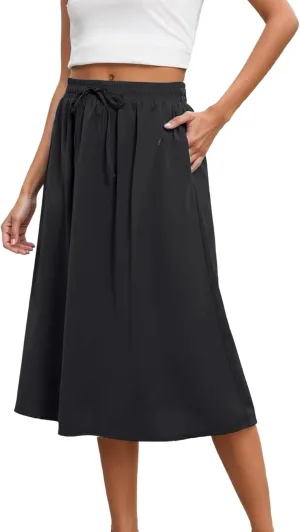 Women's Midi Skirt Summer Pleated Flowy Elastic High Waisted A-Line Skirt with Pockets Bohemia for Women 2025 Trendy
