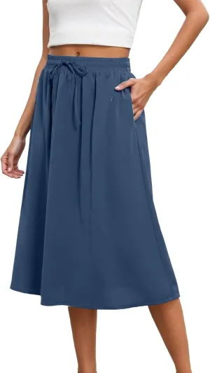 Women's Midi Skirt Summer Pleated Flowy Elastic High Waisted A-Line Skirt with Pockets Bohemia for Women 2025 Trendy
