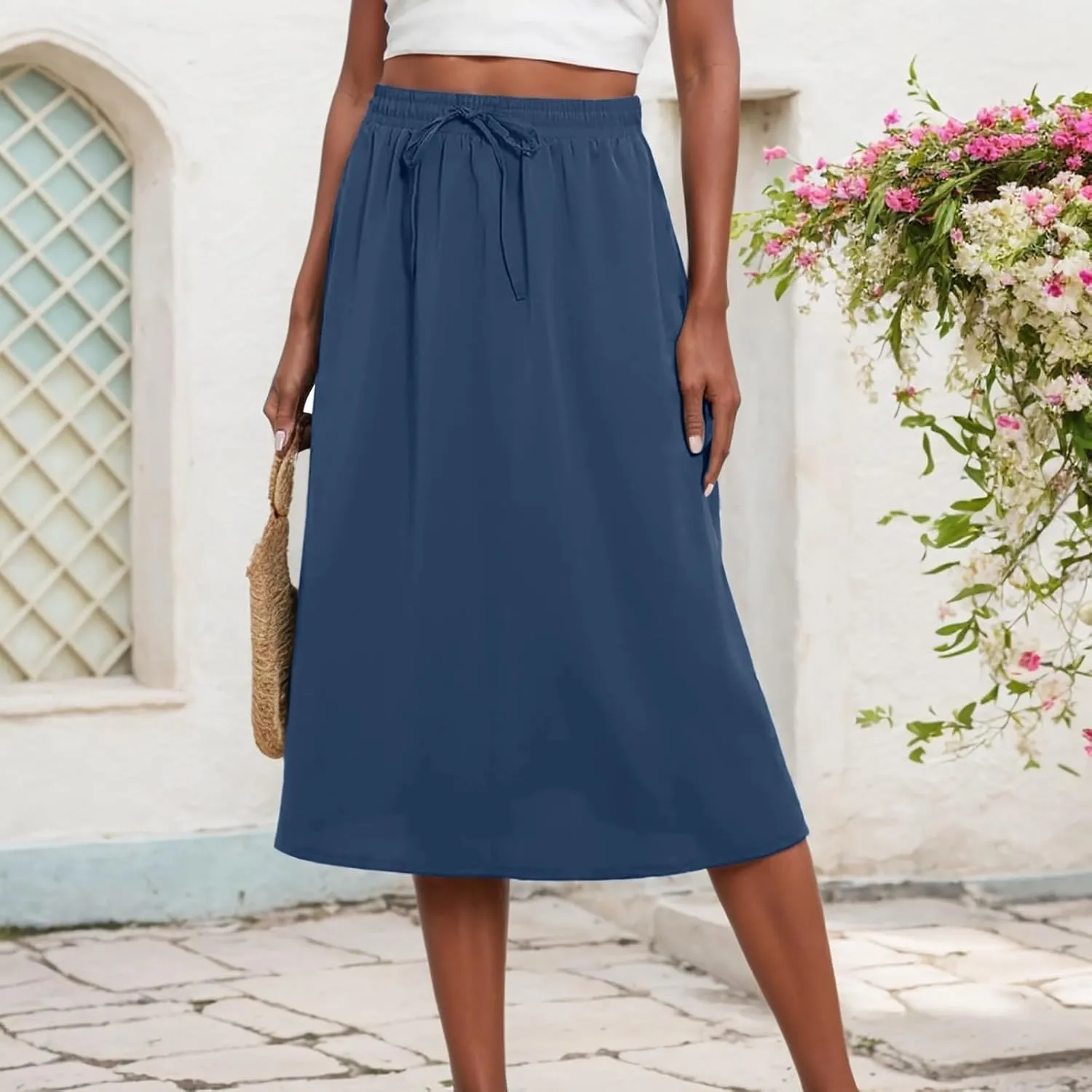 Women's Midi Skirt Summer Pleated Flowy Elastic High Waisted A-Line Skirt with Pockets Bohemia for Women 2025 Trendy