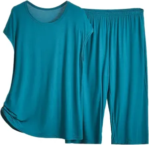 Women's Pajama Sets 2 Piece Casual Short Sleeve Tops Wide Leg Bottoms Loose Comfy Sleepwear Nightwear Soft Lounge Set