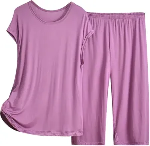 Women's Pajama Sets 2 Piece Casual Short Sleeve Tops Wide Leg Bottoms Loose Comfy Sleepwear Nightwear Soft Lounge Set