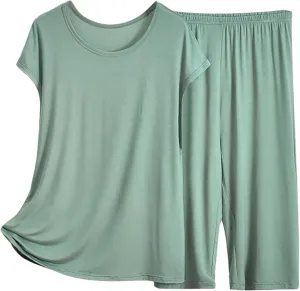 Women's Pajama Sets 2 Piece Casual Short Sleeve Tops Wide Leg Bottoms Loose Comfy Sleepwear Nightwear Soft Lounge Set