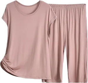 Women's Pajama Sets 2 Piece Casual Short Sleeve Tops Wide Leg Bottoms Loose Comfy Sleepwear Nightwear Soft Lounge Set