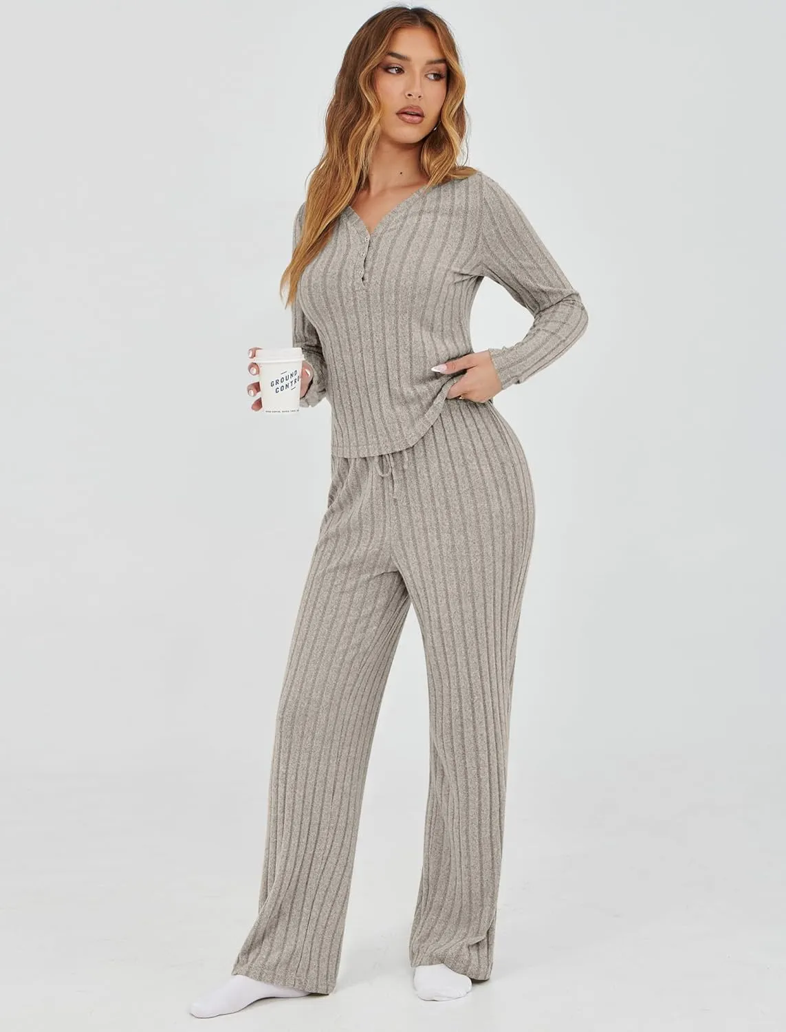 Womens Pajama Sets 2 Piece Lounge Pajamas Sets Casual Ribbed Knit Long Sleeve Matching Set