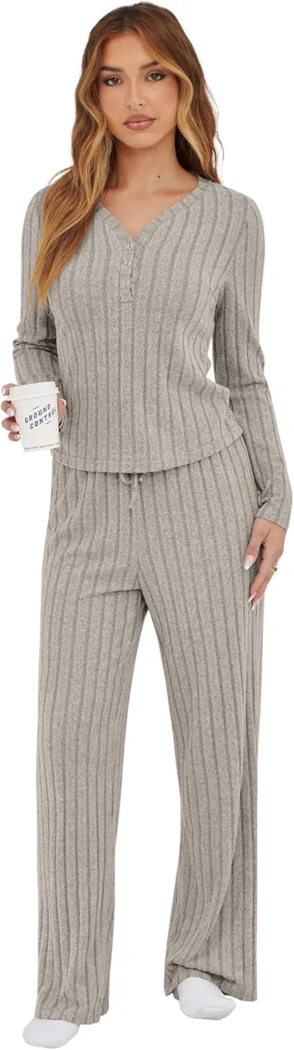 Womens Pajama Sets 2 Piece Lounge Pajamas Sets Casual Ribbed Knit Long Sleeve Matching Set