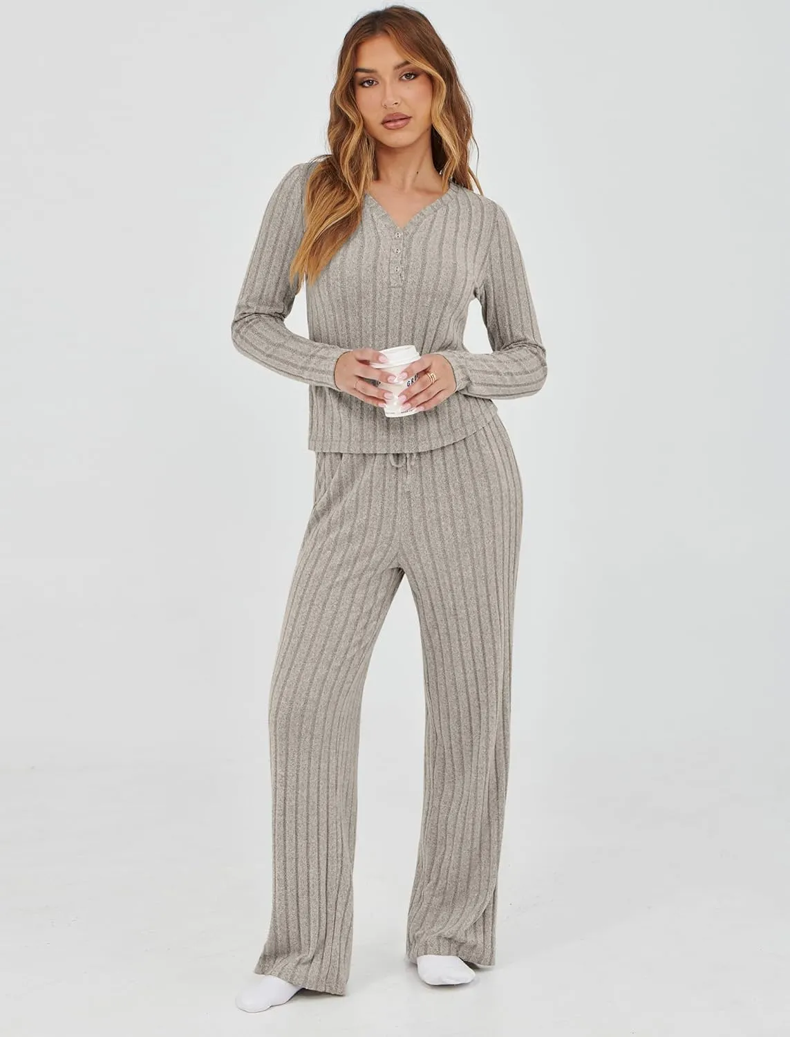 Womens Pajama Sets 2 Piece Lounge Pajamas Sets Casual Ribbed Knit Long Sleeve Matching Set
