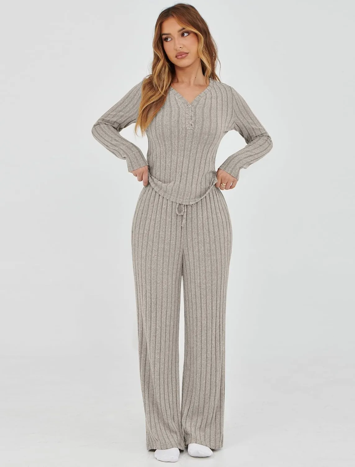 Womens Pajama Sets 2 Piece Lounge Pajamas Sets Casual Ribbed Knit Long Sleeve Matching Set
