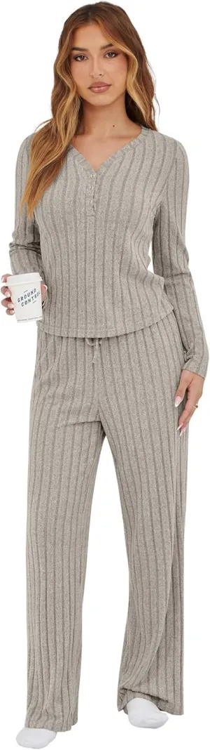 Womens Pajama Sets 2 Piece Lounge Pajamas Sets Casual Ribbed Knit Long Sleeve Matching Set
