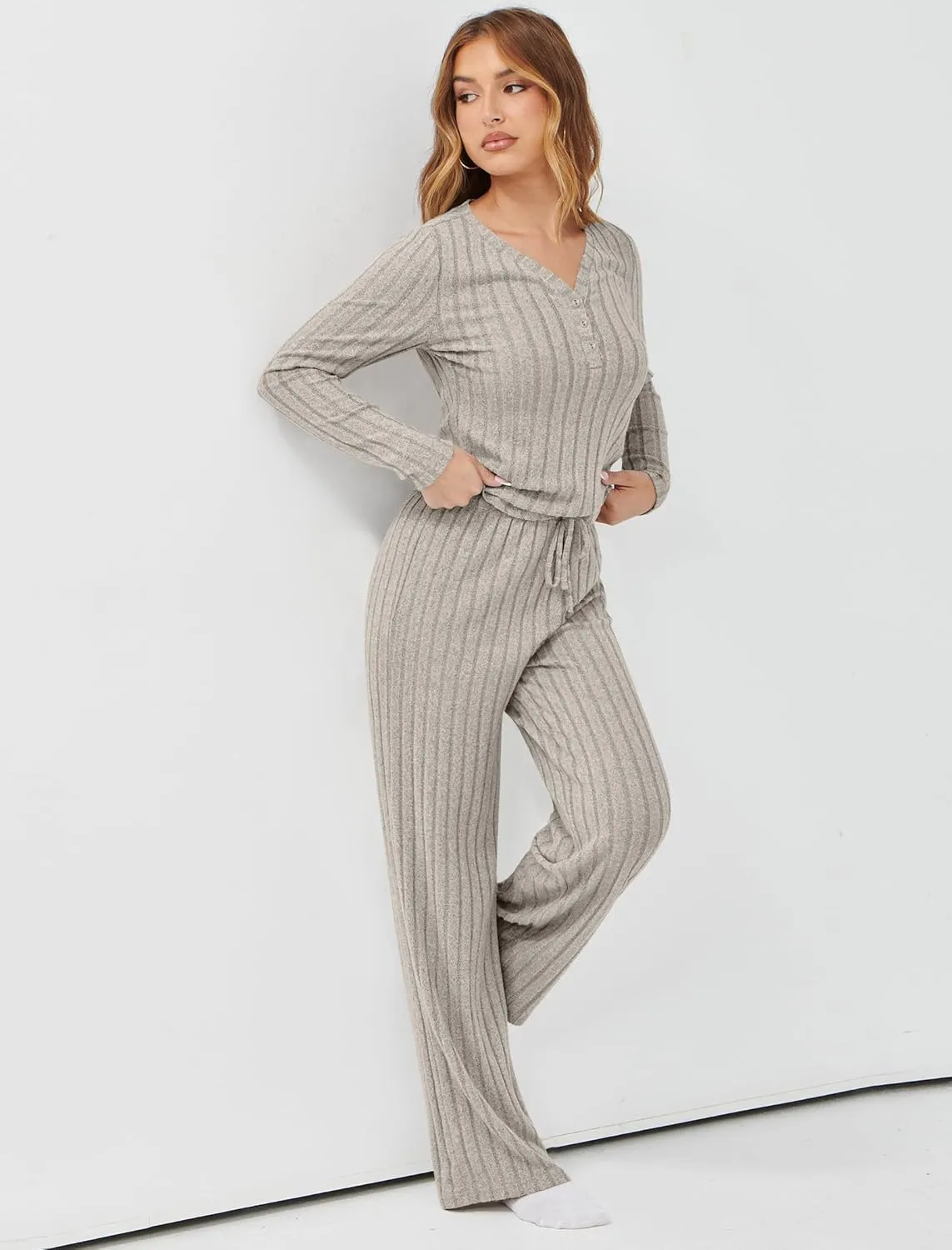Womens Pajama Sets 2 Piece Lounge Pajamas Sets Casual Ribbed Knit Long Sleeve Matching Set